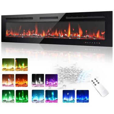 Imagem de Lareira Elétrica EUHOMY de 152 cm, Embutida ou de Parede, Chama Ajustável, Aquecedor com Controle Remoto, Timer, Tela Touch, Troncos e Cristais