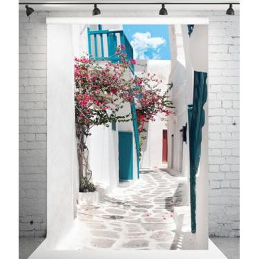 Imagem de CORFOTO 2 x 3 m Fundo de rua da Grécia Fundo de rua estreito Mia Decorações de festa de aniversário Mia Pano de fundo temático Grécia Decorações de festa gregas Suprimentos de festa caminho de pedra decoração de banner de casamento