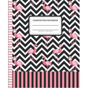 Imagem de Flamingo Composition Notebook Wide Ruled: 7.5 x 9.25 Blank Paper / 108 Pages/Stationery Gift for Note Taking - Writing - Doodles/Pink Bird on Modern Black And White Zig Zag Pattern Theme Cover