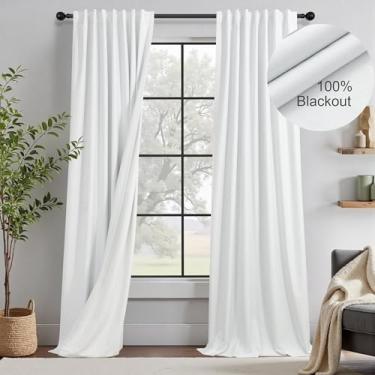 Imagem de Cortinas brancas elegantes 100% blecaute de 3,4 cm de comprimento, extra largas, 3,7 m de comprimento, leve de linho, texturizadas, cortinas e cortinas com isolamento térmico para sala de estar,