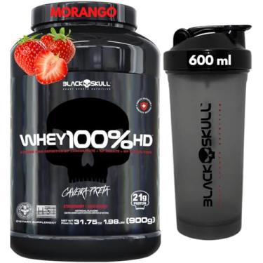 Imagem de Whey Protein 100% HD Pure 900g Isolado - Hidrolisado - Concentrado Pote + Coqueteleira 600ml - Kit Black Skull Para Ganho de Massa e Força (Whey 100% Morango)