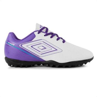 Imagem de Chuteira Society Umbro Adamant Top Speed Jr, 32, Branco, Roxo