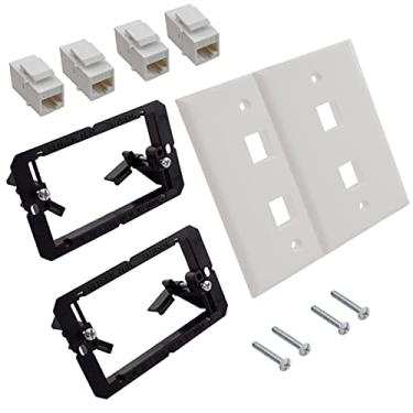 Imagem de 2 pacotes de placas de parede Ethernet Single Gang 2 portas RJ45 Cat6 Keystone Jack fêmea para fêmea, acoplador trapezoidal em linha com tamanho padrão, com suporte de montagem de baixa tensão de