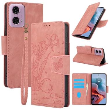 Imagem de Capa carteira de couro com padrão floral para Motorola Moto G24, com 3 compartimentos para cartão e alça de pulso para mulheres, design de TPU à prova de choque com fecho magnético (rosa)