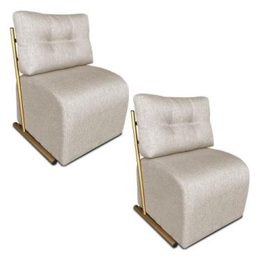 Imagem de Kit 2 Poltronas Luxo Aurora Linho Bege Base de Ferro Dourado - Pallazi