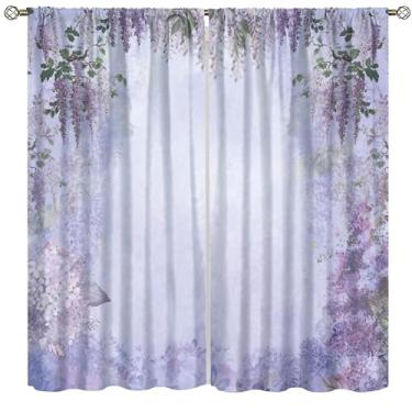 Imagem de Cortina floral roxa flor lavanda primavera aquarela folhas de flor de glicínia em fundo desfocado com cores sonhadoras cortinas para quarto de meninas sala de estar 106,7 cm L x 114,3 cm C
