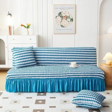 Imagem de Capa de futon sem braços com saia de babados, sofá-cama futon altamente elástica(Blue,Small (120-150cm))
