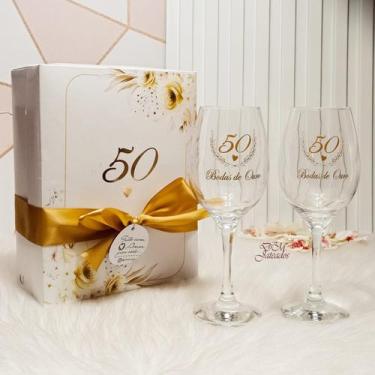 Imagem de 2 Taças Barone / 50 Anos / Bodas De Ouro / Caixa Presente - dm jateado