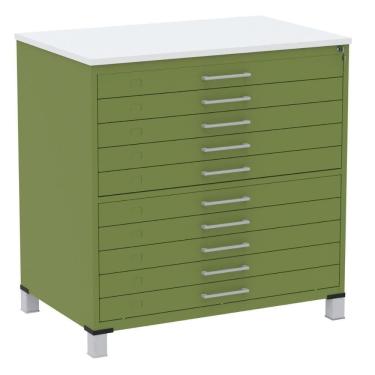 Imagem de Mapoteca 10 Gavetas Pandin 120 Cm (larg) Inmetro Tampo Mdp Branco Estrutura E Gavetas Em Aço Verde
