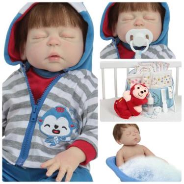 Imagem de Bebê Reborn Menino 100% Vinil Cabelo Fio a Fio Pelúcia Bolsa - Cegonha