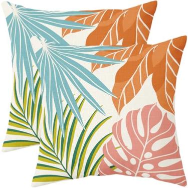 Imagem de Capas de almofada de folhas tropicais de verão 45,7 x 45,7 cm conjunto de 2 almofadas decorativas com estampa de folhas verdes e azuis rosa, azul, laranja, verde, para uso ao ar livre, rústico,