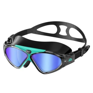 Imagem de OutdoorMaster Máscara de natação - Máscara de natação e óculos de proteção à prova d'água, armação verde preta lente espelhada azul