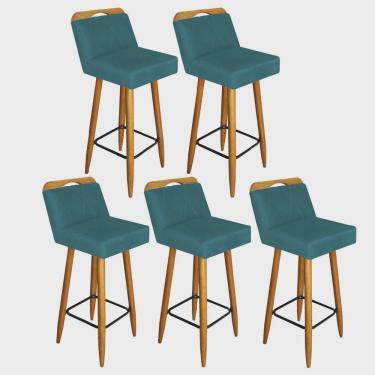 Imagem de Kit 05 Banqueta Alta Encosto Lith Para Cozinha Bar Balcão Bistrô Pé Palito Castanho Suede Azul Turquesa - Ahz Móveis