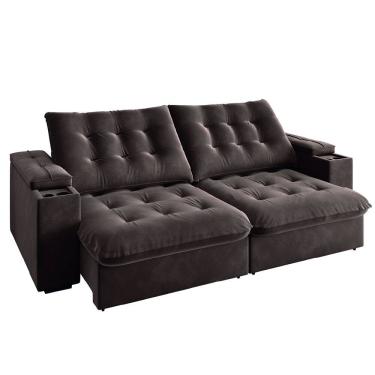 Imagem de Sofá Retrátil e Reclinável 3 Lugares 2,30m com Porta Copos Veludo New Coliseu Selmer Cinza