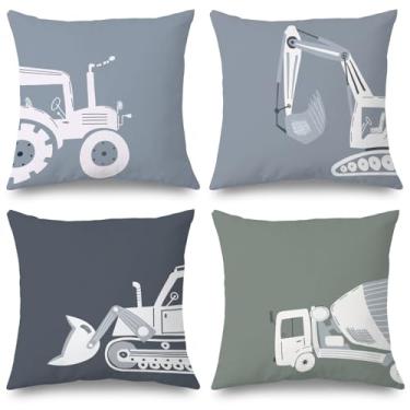 Imagem de Supwhd Conjunto de 4 capas de travesseiro de caminhão de construção, 50 x 50, decoração de quarto de construção para meninos, decoração de caminhão de construção, quarto de meninos, sala de jogos