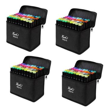 Imagem de Caneta Permanente 60 Cores Estojo Kit 4 unidades Canetinha Ponta Dupla Bolsa Marcador Desenho Arte Pintura Escola Cartaz