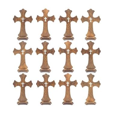 Imagem de Pacote com 12 cruzes de madeira marrom, cruz rústica de madeira, para centro de mesa, decoração de casa, igreja, presentes de oração