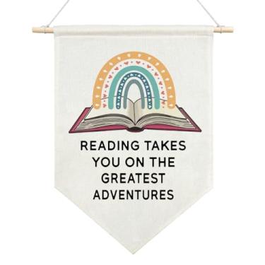 Imagem de AGMDESIGN Reading Takes You on the Greatest Adventures Banner de bandeira pendurada em tela engraçada, decoração de citação de berçário de bebê, decoração de estante, escritório em casa, escola
