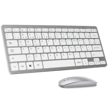 Imagem de Kit Teclado e Mouse Sem Fio Bluetooth - ABNT2, Compatível com Windows, Android, iOS, PC, Notebook, Tablet e iPad, Slim, Ergonômico, Branco/Prata, Para Escritório e Estudos