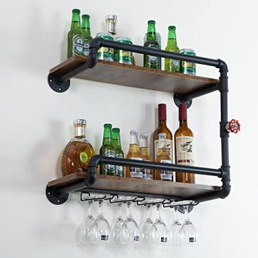 Imagem de BOTAOYIYI Adega de vinho montada na parede de 2 camadas, mini bar flutuante, com suporte de vidro, decoração de cozinha industrial rústica (23,6 x 10,5 x 19,7 cm)