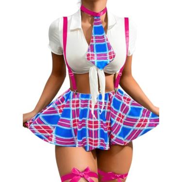Imagem de ShawGobow Roupa sexy para mulheres, conjunto de top cropped e saia xadrez, 5 peças de fantasia cosplay rosa choque e azul GG