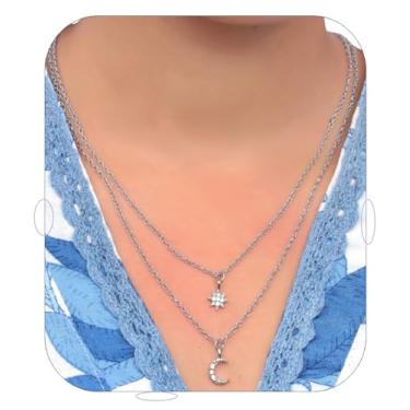 Imagem de Colares em camadas para mulheres, colar delicado banhado a prata estrela lua conjunto de joias presentes mulheres, 19 cm, Latão, Sem Pedra Preciosa