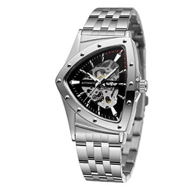 Imagem de FORSINING Relógio masculino 30M à prova d'água esqueleto oco automático retrô triângulo relógio de pulso, Prata e preto atualizado