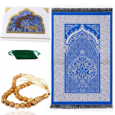 Imagem de SANAD Misbaha de madeira de oliveira feita à mão de Jerusalém com tapete de oração islâmica - Tapete de oração grande grosso para crianças, homens, mulheres para Eid, viagens, Ramadã macio e luxuoso