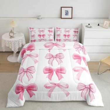 Imagem de Conjunto de edredom feminino Bowkont tamanho casal, laço rosa, estilo princesa, decoração de quarto de crianças, 3 peças, conjunto de colcha com laço de aquarela e patchwork