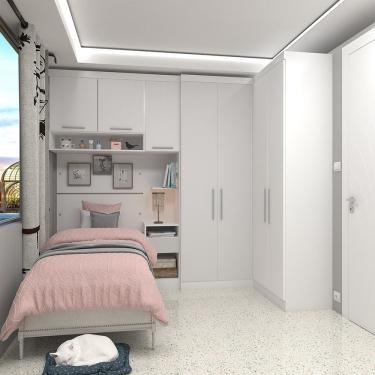 Imagem de Quarto De Canto Solteiro Com Guarda Roupas Cabeceira E Mesa De Cabeceira Alpes Luciane Móveis Branco Pf Com Branco Pf