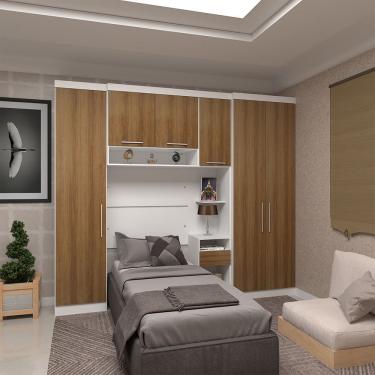 Imagem de Quarto De Solteiro Com Guarda Roupas E Mesa De Cabeceira Alpes Luciane Móveis Branco Pf Com Avelã Pf