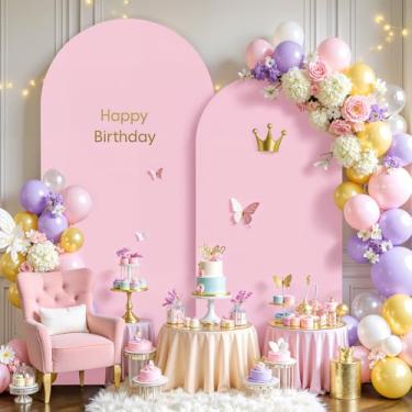 Imagem de Conjunto de 2 capas de arco rosa pálido - 2 m, capa de fundo de arco de 1,8 m, elastano para chá de bebê, meninas, festa de aniversário, chá de panela, banquete de casamento, decoração de fundo