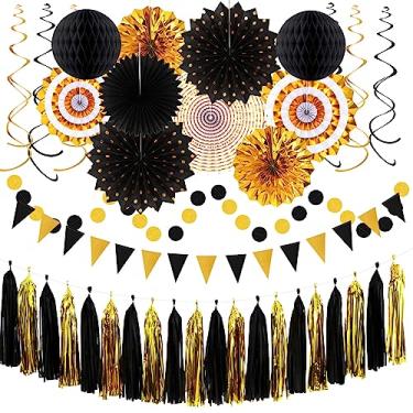 Imagem de Hugtmr Decorações Para Festa De Formatura Em Preto E Dourado - Kit Com 33 Faixas, Guirlanda Serpentinas Borlas, Pompons Papel Formato Favo Mel, Leques Lanterna Papel, Decoração Casamento, Ano Novo,
