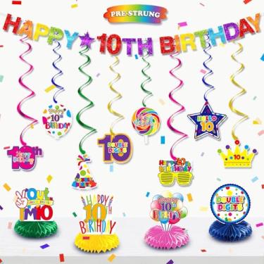 Imagem de HTDZZI Decorações De 10º Aniversário Para Meninas E Meninos, Kit Centro Mesa Com Letras Alegres Espirais Em Formato Favo Mel, Decoração Festa 10 Anos Dois Dígitos