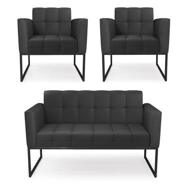 Imagem de Kit 1 Sofá Namoradeira E 2 Poltronas Elisa Corino Preto Base Metálica Industrial Preto - D'rossi