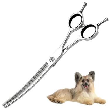 Imagem de 7 polegadas profissional curvo cão cuidado tesoura, 65% finar animal de estimação tesoura, 35 dentes extremamente afiadas lâminas, 15 graus de dobra, VG10 aço, chunker ergonômico