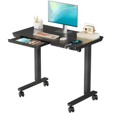 Imagem de JYLH JOYSEEKER Mesa pequena de pé com gaveta, mesa de mesa elétrica de 89 cm x 50 cm, mesa de mesa elétrica com altura ajustável com portas de armazenamento e USB, mesa de computador de escritório