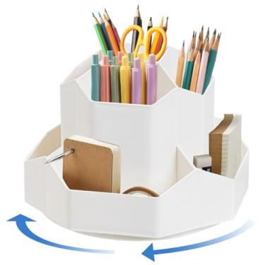 Imagem de Porta-lápis giratório de plástico com 9 grades, multifuncional, suporte de pincéis de maquiagem de grande capacidade, organizador de artigos de mesa, bege