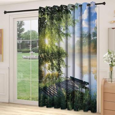 Imagem de Divisória de parede de cortina divisória de sala de paisagem, cais de pesca à beira do rio na imagem da natureza das nuvens e árvores da manhã, cortinas largas isoladas/cortinas de quarto (painel