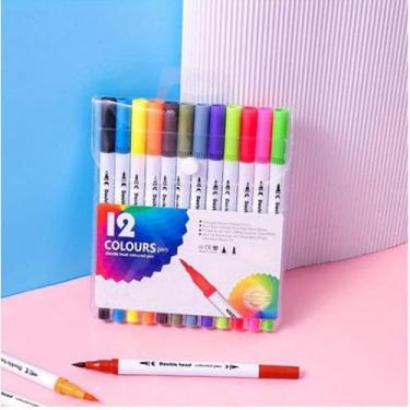 Imagem de Kit Estojo Canetas 12 Unidades Duas Pontas Pincel Brush Pen Lettering