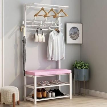 Imagem de Cabide De Metal Com Banco De Sapatos, Cabide Com Sapateira De 2 Camadas E 10 Ganchos, Árvore De Entrada 3 Em 1 Com Assento E Estrutura De Aço Para Entrada Salas De Estar Corredor, D, 60x33x175cm