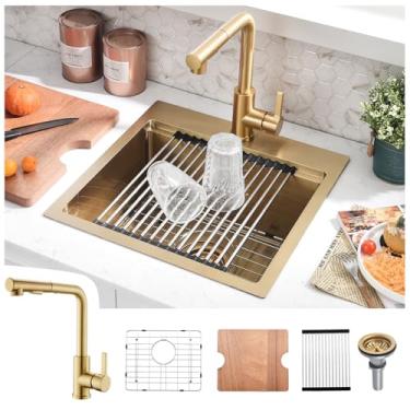 Imagem de Kitead Conjunto de pia e torneira de cozinha dourada 45,7 cm x 45,7 cm - Pia de barra pequena dourada de 45,7 cm com torneira, pia de aço inoxidável de 23,5 cm de profundidade, estação de trabalho com