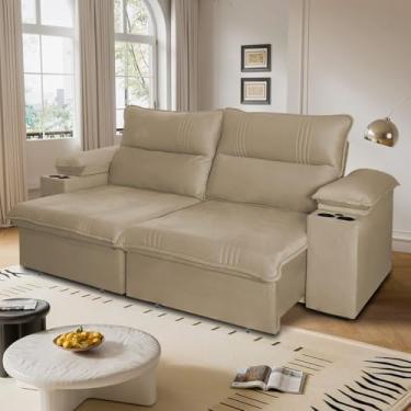 Imagem de Sofá Retrátil Reclinável Tesla 2,60m USB e Porta Copo Suede Bege - King House