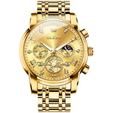Imagem de OLEVS Relógio masculino dourado, mostrador grande, cronógrafo masculino de aço inoxidável, analógico, quartzo, fase da lua, à prova d'água, calendário masculino