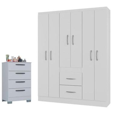 Imagem de Cômoda 867 4 Gavetas Com Guarda Roupa Casal Milão 6 Portas Branco Brilho - Poquema