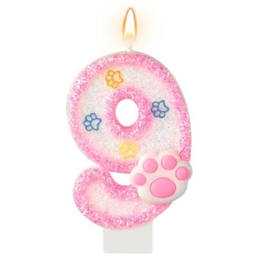 Imagem de AKURIEEY Vela de aniversário de 9 anos de cachorro e gato, números rosa, 9 velas, enfeite de bolo de pata, decorações de cupcake para decoração de festa com tema de animais de estimação, artigos de
