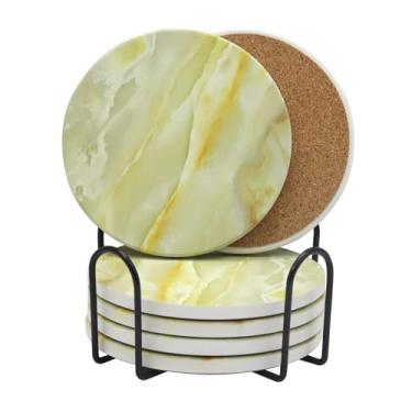 Imagem de Conjunto de 6 peças de porta-copos de cerâmica com suporte de metal. Porta-copos perfeito para bebidas, vinho, café - porta-copos de pedra absorvente protegem móveis - Padrão de mármore amarelo claro