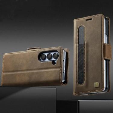 Imagem de Capa tipo carteira para Samsung Galaxy Z Fold6 com compartimento para caneta e compartimento de couro (para Samsung Galaxy Z Fold6/marrom)
