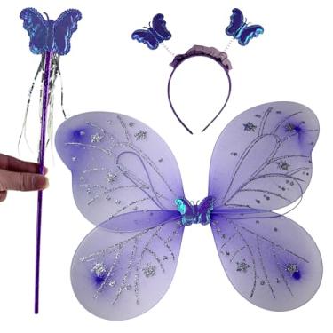 Imagem de Asa de Borboleta Fantasia Infantil Kit com Varinha e Tiara Fada Festa Carnaval Lembrancinha (Lilás)