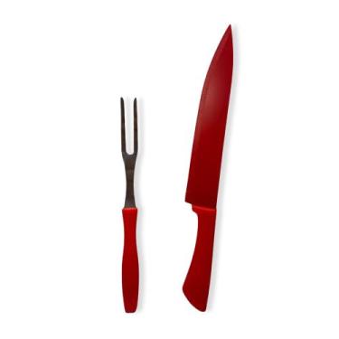 Imagem de Kit Faca e Garfo de Churrasco Inox Premium Vermelho - Fratelli